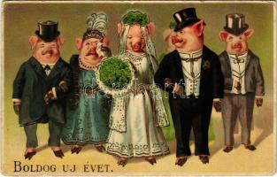 1912 Boldog új évet! Malac lakodalom / New Year greeting, pig wedding. Amag No. 898. litho (kopott sarkak / worn corners)