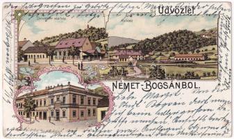 1899 (Vorläufer) Boksánbánya, Németbogsán, Deutsch-Bogsan, Bocsa Montana; Kolcán (Kolczán) mészkőbánya, Demetrovits szálloda, takarékpénztár. Enders L.V.-féle műintézet kiadása / limestone quarry, mine, hotel, savings bank. Art Nouveau, floral, litho (EK)