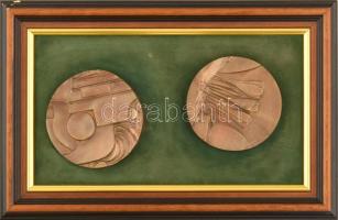 Soltra Elemér (1922-2013): 2 db bronz plakett. Jelzett, Keretben, d: 9,5 cm /db