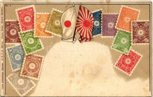 Japán bélyegek és zászló / Japanese stamps and flags. Carte philatélique Ottmar Zieher No. 4. Art Nouveau, litho (EK)