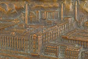 R J Jelzéssel: Tungsram gyár plakett. Bronz, fára applikálva. 11x32 cm