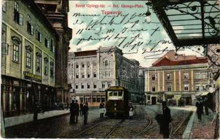 1909 Temesvár, Timisoara; Szent György tér, villamos, Maison Lechner, Varneky A., Farber Miksa üzlete. Tóth Béla kiadása / square, tram, shops (fa)