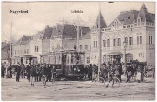 1906 Nagyvárad, Oradea; Indóház, vasútállomás, villamos, kerékpár / railway station, tram, bicycle (EK)