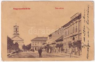 1908 Nagyszentmiklós, Sannicolau Mare; Sas utca, Takarékpénztár, Mausz János üzlete / street view, savings bank, shops (fa)