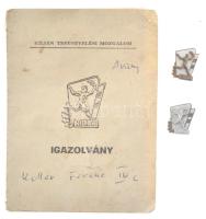 1966. Kilián Testnevelési mozgalom 2 darab zománcozott bronz kitűző hozzá tartozó igazolvánnyal (16x11mm) T:2 egyik tű sérült