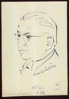 Vincze Lajos (1914-2002): Lukács József vallástörténész portréja, tus-papír, szignált 15x21 cm hátoldalán Magyar Hírlap pecsét a tudós aláírásával