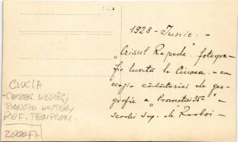 1928 Csucsa, Ciucea; Református templom és Sebes Körös partja / Calvinist church, Crisul Repede rive...