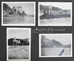 cca 1940 Cserkészkirándulások a Duna mentén, Siófok, Balaton (Passau, Mohács, Pozsony, Bécs, stb.), albumba ragasztott, feliratozott fotók, többségében 6,5×8,5 cm-esek