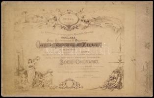 1889 Fiume, gróf Zichy Ágoston nevére a fiumei munkásegylet által kiállított bizonyítvány keményhátú fotómásolata, 13×21 cm