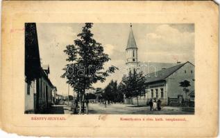 Bánffyhunyad, Huedin; Kossuth utca, Római katolikus templom W. L. Bp. 7082. 1910-13. 1096. / street, Catholic church (EM)