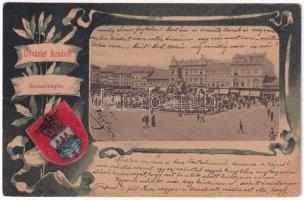 Arad, Szabadság tér, piac, üzletek. Szecessziós címeres litho keret / square, market, shops. Art Nouveau, litho frame with coat of arms (EK)