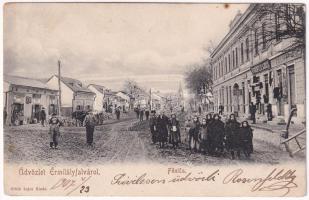 1907 Érmihályfalva, Valea lui Mihai; Fő utca, Rosenfeld Lajos, Szabó Imre, Tolnai üzlete. Glück Lajos kiadása / main street, shops (EK)