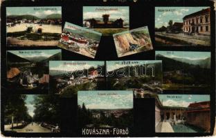 1916 Kovászna-fürdő, Baile Covasna; Kossuth téri Borvízkút, Pokolsár fürdő belseje, vízi fűrész, Rózsahalom, Horgász forrás, Liget, sikló, Sétatér. Szabó nyomda kiadása / square, spa interior, sawmill, park, funicular railway, promenade (EK)