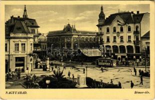 Nagyvárad, Oradea; Bémer tér, villamos, Pesti Magyar Kereskedelmi Bank, Általános Hitelbank, útépítés. Hátoldalon &quot;Látogassuk Nagyváradot!&quot; turisztikai reklám / square, tram, shops, bank, road construction (EK)