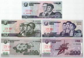 Észak-Korea 2002-2013. 5W-5000W (10xklf) MINTA felülbélyegzéssel és 0000000 sorszámmal T:I,I- North Korea 2002-2013. 5 Won - 5000 Won (10xdiff) with SPECIMEN overprint and 0000000 serial C:UNC,AU
