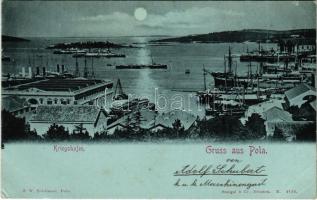 1898 (Vorläufer) Pola, Pula; K.u.K. Kriegsmarine Kriegshafen / Porto di Guerra / Osztrák-magyar haditengerészeti kikötő este / Austro-Hungarian Navy port and naval base, shipyard at night. F.W. Schrinner (EK)