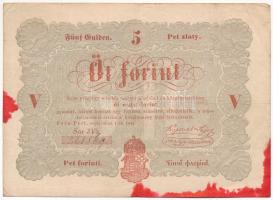 1848. 5Ft Kossuth bankó vörösesbarna, piros tintafolttal (érvénytelenítés?) T:III Adamo G109