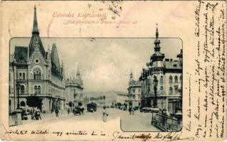 1901 Kolozsvár, Cluj; Hídfő részlet, Ferenc József út, Phönix biztosító, városi vasút, kisvasút, vonat / street, insurance company, urban railway, train (fa)