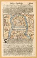 1580 "Contrafehtung der Vestung Tokay", Tokaj várának ostroma, In: Sebastian Münster: Cosmographia Universalis (Basel, 1580), kézzel színezett fametszet, papír, paszpartuban, a paszpartu szétvált, a papír részben levált a kartonról, szakadással, 15,5x12,5 cm