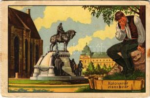 1939 Kolozsvár, Cluj; &quot;Kolozsvár visszavár&quot;, Mátyás szobor. Kiadja a Székely Egyetemi és Főiskolai Hallgatók Egyesülete / Hungarian irredenta art postcard, Matthias Corvinus, Mathias Rex statue s: Gebhardt - (képeslapfüzetből / from postcard booklet) (EB)