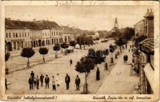 1940 Székelykeresztúr, Kristur, Cristuru Secuiesc; Kossuth Lajos tér, református templom, üzletek / square, Calvinist church, shops (Rb)