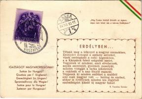 Igazságot Magyarországnak! Míg Csaba királyfi őrködik az égben, népe nem lehet rab a bérces Erdélyben! / Justice for Hungary! Hungarian irredenta propaganda with Hungarian flag decoration + 1938 Kassa visszatért So. Stpl. (EK)