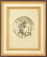 Kéri Imre (1945- ): P Brueghel emlékére. Rézkarc, papír, jelzett, számozott (12/50), üvegezett fakeretben, d: 16 cm