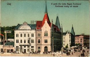 Kolozsvár, Cluj; O parte din Calea Regele Ferdinand / Ferdinánd király úti részlet, híd, üzletek / street view, bridge, shops (ázott sarok / wet corner)