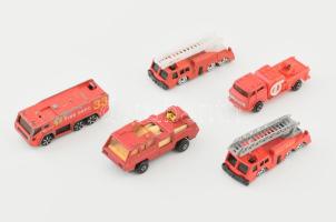 Tűzoltó autó. 5 darabos tűzoltó autó gyűjtemény,2 létrás, Maisto,angol Matchbox,használt állapotban. h: +- 7cm