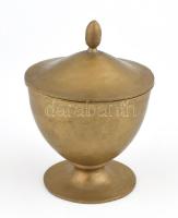 Bonbonier. Antik asztali letisztult urna formájú kerek kínáló vastagfalú bronz, makk formájú fogóval ellátott tetővel,finom patinával,korának megf.kopásokkal-apró horpadásokkal,jelzés nélkül. M.: 12 x 9,5 cm