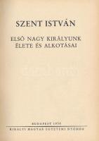 Szent István. Első nagy királyunk élete és alkotásai. Hóman Bálint, Csapody Csaba, Bakács István János, Nevelős Ágoston, Ember Győző, Belitzky János és Guillemot Katalin tanulmányai. Bp., 1938, Kir. M. Egyetemi Nyomda, 88+(8) p. Kiadói aranyozott, dombornyomott egészvászon-kötés, jó állapotban.