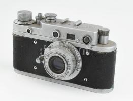 cca 1950 Zorkij-3 szovjet fényképezőgép, Industar-22 1:3,5 f=50 mm objektívvel, eredeti, bőr tokjába...