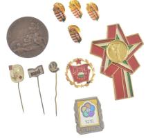 7 darabos fém jelvény tétel, közte 1954. Dunai árvízvédelemért, V. Véradásért + 4 darab koronás, magyar címeres műgyantás fém jelvény T:1-2