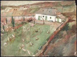 Jelzés nélkül: Ház a dombok között. Akvarell, papír, jobb felső sarkában kissé sérült. 28x37 cm