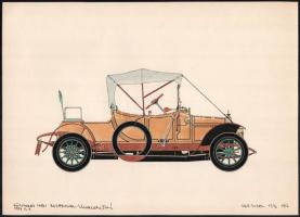 Olvashatatlan jelzéssel: Oldtimer autó 1912-ből. Akvarell, tus, papír, autográf ajándékozási sorokkal Körmendi Iván gyűjtő részére 1987-ből. 26,5x37 cm