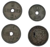 Kanada ~1870. 10c Ag "Viktória" (2,18g) + Norvégia 1924-1939. 10ö - 25ö Cu-Ni (3xklf) T:2-...