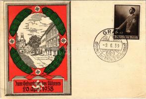 1938 Zum Geburtstag des Führers. Braunau am Inn, Geburtshaus des Führers / Birthday and birthplace of Adolf Hitler, NSDAP German Nazi Party propaganda, swastika + So. Stpl. (EK)