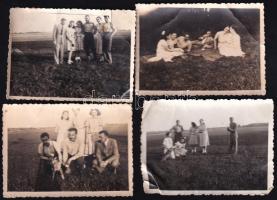 1941 Értarcsa, Erdély, Bihar megye, fiatalok csoportképei, össz. 4 db vintage fotó, ezek közül 3 db hátoldalán feliratozott, kisebb sérülésekel, törésekkel, 6x8,5 cm