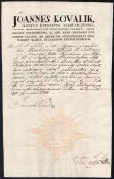 1820 Kovalik János (1770-1821) tribunici választott püspök és Kunszt János nótárius autográf aláírásaival ellátott fejléces okmány, papírfelzetes viaszpecséttel.