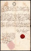 1851 Heves, Keresztlevél Báró Kerekes Frigyes hevesi plébános aláírásával, viaszpecséttel, papírfelzetes viaszpecséttel, 15 kr szignettával, foltos