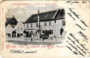 1898 (Vorläufer) Nezsider, Neusiedl am See; Dreifaltigkeitsäule errichtet im Jahre 1679. phot. v. Eugen Wolf, Druck u. Verlag v. J. Horváth / Szentháromság szobor 1679-ből, Franz Wolf üzlete / Trinity statue from 1679, shop (EB)