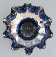 Fodros szélű, lüszteres kék üveg kínálótál, némi kopással, d: 29 cm