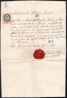 1845-1885 Újhartyán, házassági engedély és anyakönyvi kivonat, Mikuska Károly (18071873) és Pröbsztl Pál (?-1900) plébánosok (1845-1856, 1856-1900) aláírásaival, viaszpecsétekkel, az egyiken 50 kr okmánybélyegekkel.
