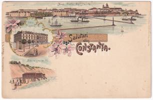 Constanta, Noul Portu, Hotel Carol I, Baile de la Vü. T. G. Dabo / new port, hotel, beach. Art Nouveau, floral, litho (pinhole)