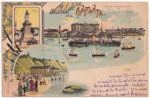 1900 Constanta, Vaporul Elisabetta, Statua Ovidiu, Baia de la Vic. T. G. Dabo / steamship, monument, beach. Art Nouveau, floral, litho