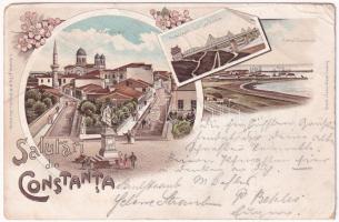 1898 (Vorläufer) Constanta, Piata Ovidiu, Podul regele Carol I per Dunare, Portul. G.M. Grigoriu / square, bridge, port. Art Nouveau, floral, litho (fa)