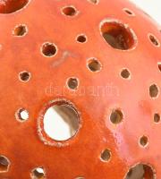 Retró, lyukacsos, piros mázas samott díszváza / mécsestartó, jelzés nélkül, d: 13 cm