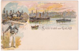 Galati, Galatz; Vederea Portului Galati, Elisabeta, Torpilorul, Marinaru, Fortele Navale Romane / Romanian Navy, torpedo boat, mariners. Art Nouveau, floral, litho