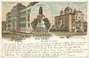 1899 (Vorläufer) Iasi, Jasi, Jassy, Jászvásár; Biserica Barboi, Miron Costin, Liceul Internat. P. Iliescu &amp; D. Grossu / church, monument, boarding school. Art Nouveau, floral, litho (EK)