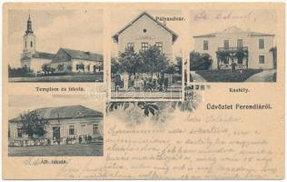 1909 Ferendia, Ferend; Templom és iskola, Pályaudvar, vasútállomás, kastély, állami iskola. Dajkovits J. utóda / church, school, railway station, castle, school (fa)